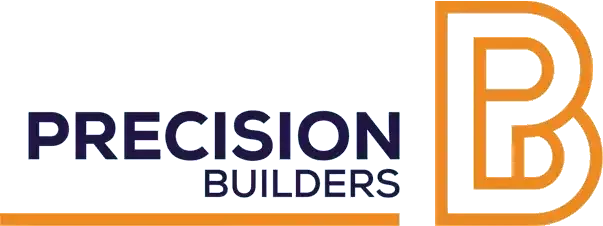 Precision Builders logo with navy text and an orange PB monogram on a white background