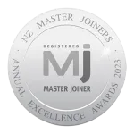Silver circular award medal with “MJ Master Joiner” and “NZ Master Joiners Annual Excellence Awards 2023” text