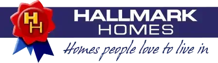 Hallmark Homes logo with blue ribbon and red emblem, tagline “Homes people love to live in”