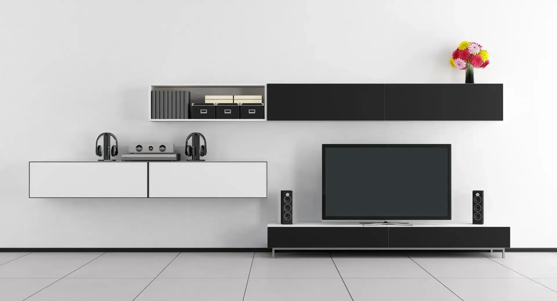 Modern minimalist living room with wall-mounted shelves, TV, speakers, and a small flower vase
