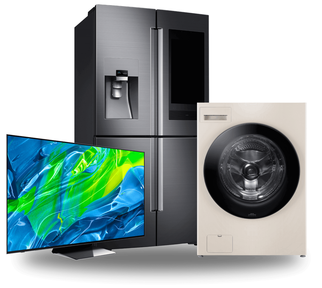Refrigerator, washing machine, and flat-screen TV displayed as home appliances