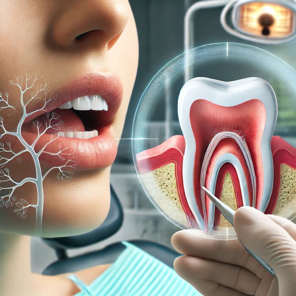 A woman is getting her teeth examined by a dentist.