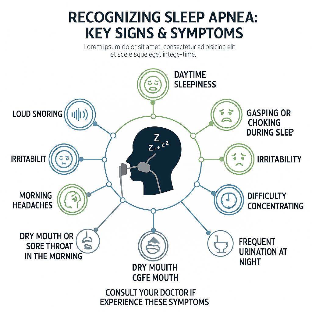 Infographic on sleep apnea symptoms: daytime sleepiness, snoring, headaches, irritability, and frequent urination.