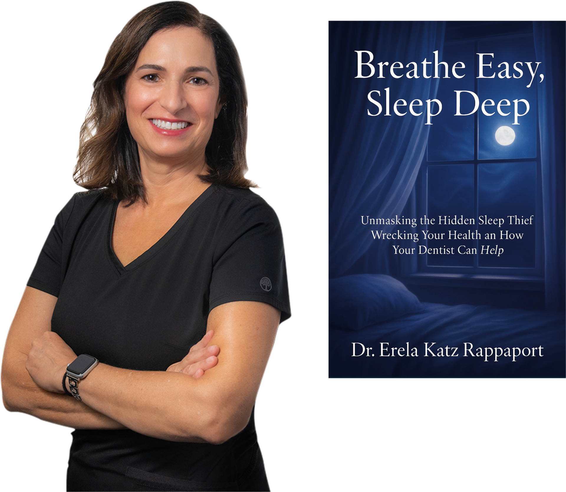 A woman is standing next to a book titled breathe easy sleep deep