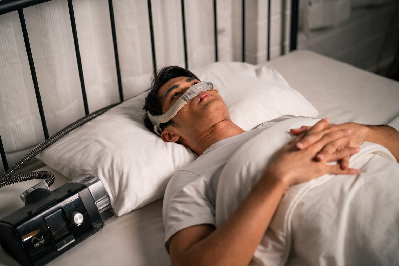 A complete CPAP setup with mask, hose, humidifier and cleaning supplies