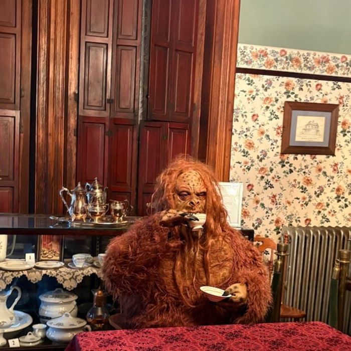 Chewbacca-like figure sipping tea at a table in a wood-paneled room with floral wallpaper