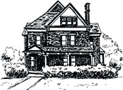 Black-and-white sketch of a two-story Victorian-style house with a steep roof and front porch.