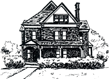 Black-and-white sketch of a two-story Victorian-style house with a steep roof and front porch.