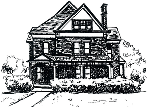 Black-and-white sketch of a two-story Victorian-style house with a steep roof and front porch.