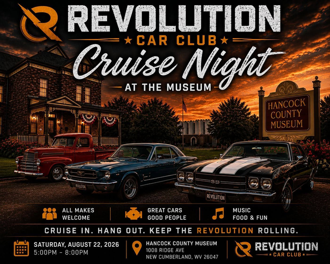 Classic car cruise night poster with vintage cars at dusk, Revolution Car Club, museum venue and event details