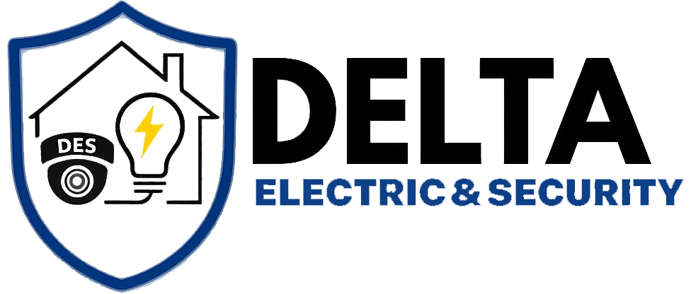 Logo for Delta Electric & Security: a shield with house and lightbulb icons, plus text.