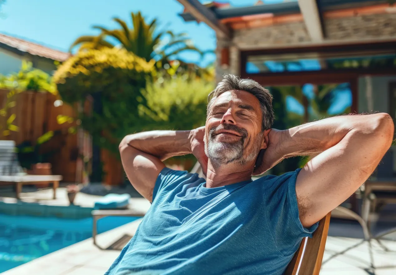 man relaxing next to pool in backyard