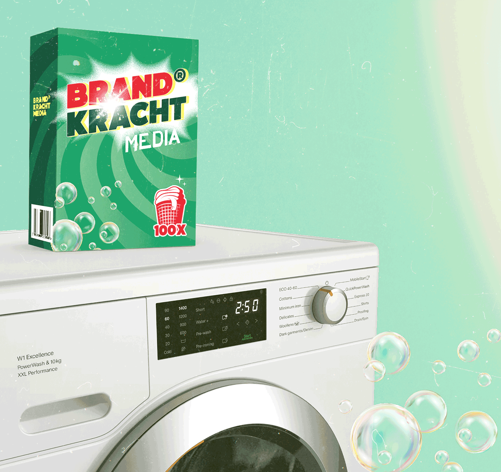 Doos wasmiddel van het merk Kracht Media op een wasmachine, met schuim. Groen, wit.