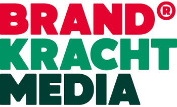 Logo voor Brand Kracht Media: Rood "BRAND", groen "KRACHT" en zwart "MEDIA".