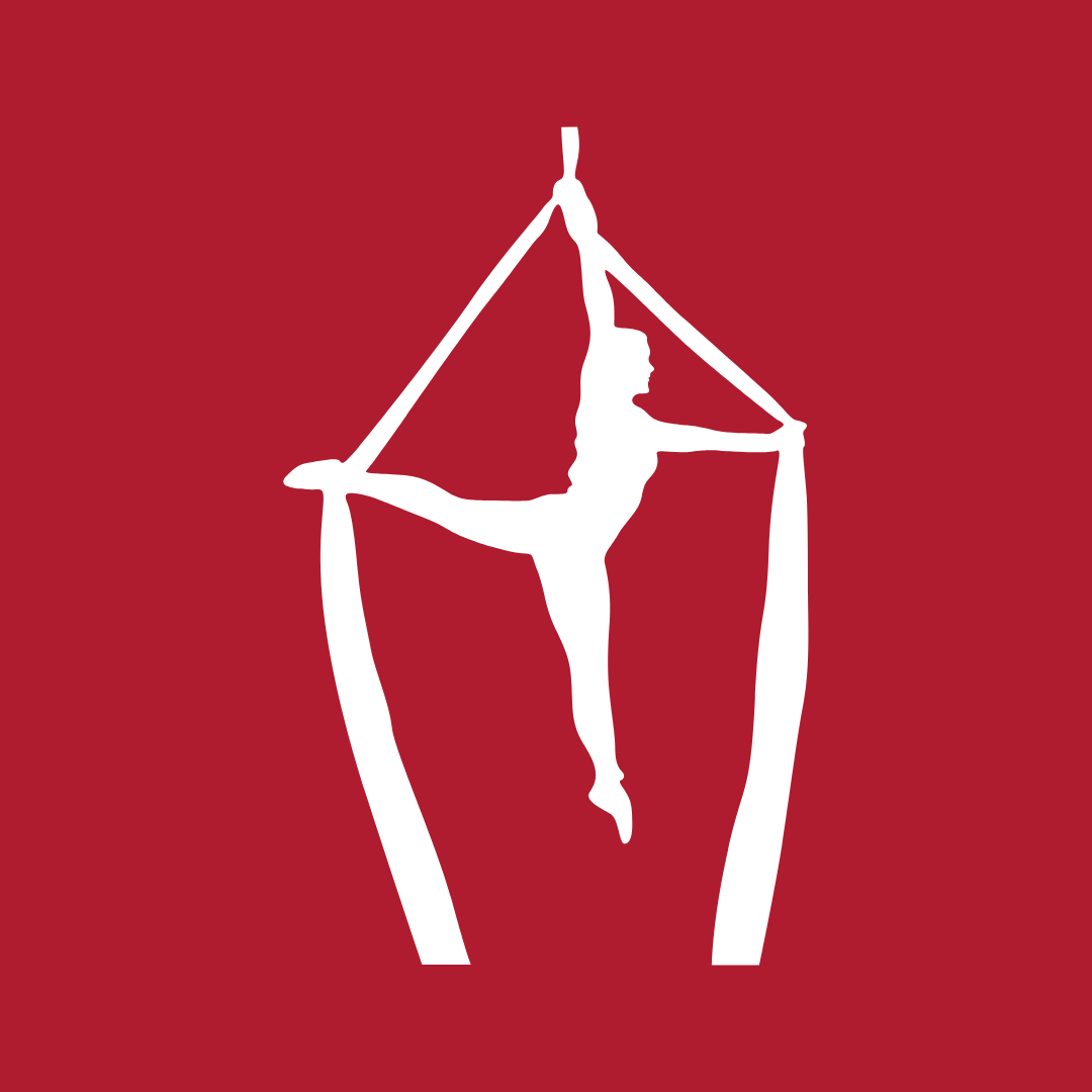 silhouette of a girl doing aerial silks on a red background