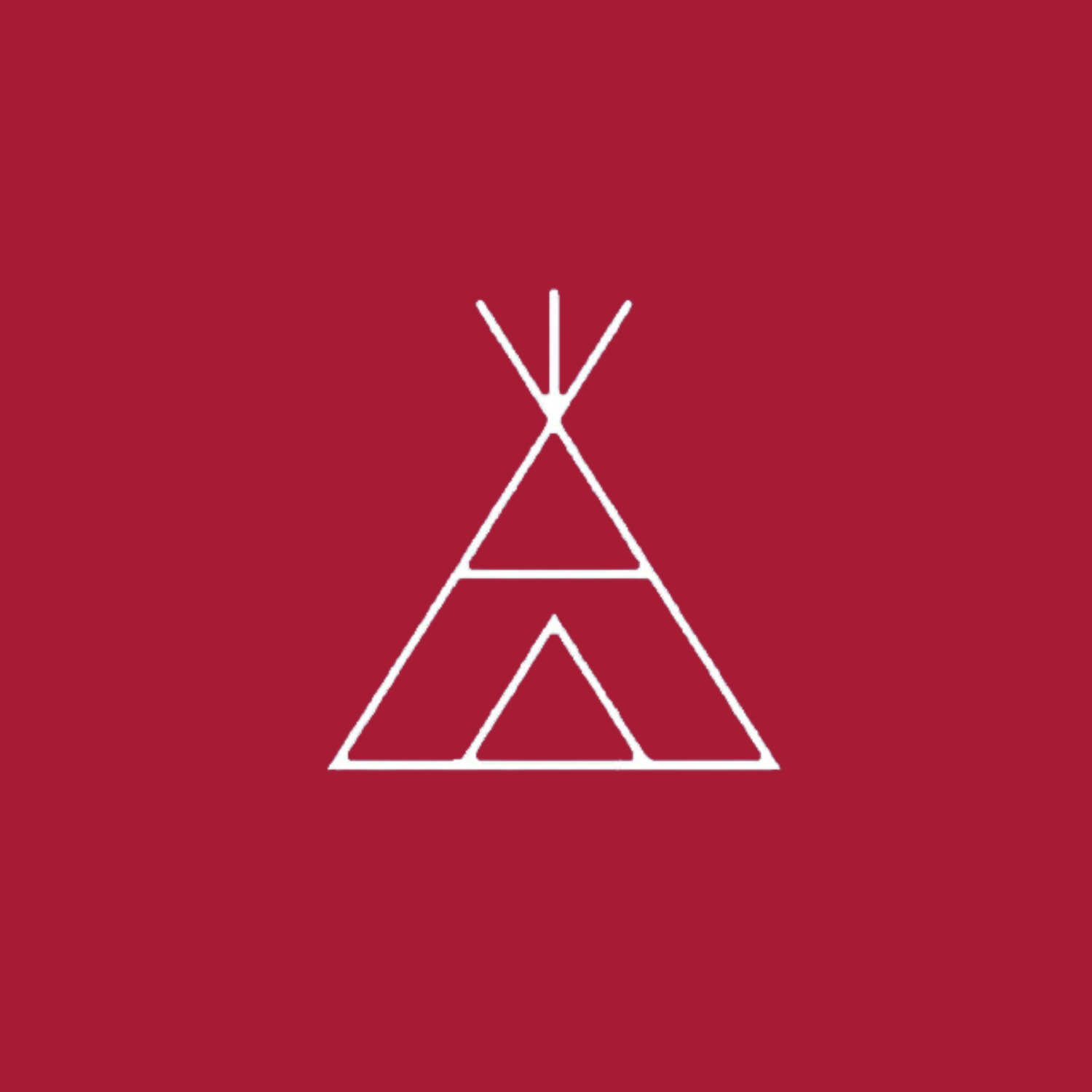A white teepee icon on a red background.