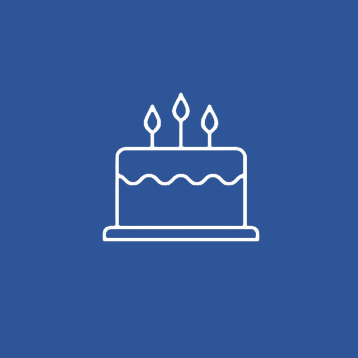 A line drawing of a birthday cake with three candles on a blue background.