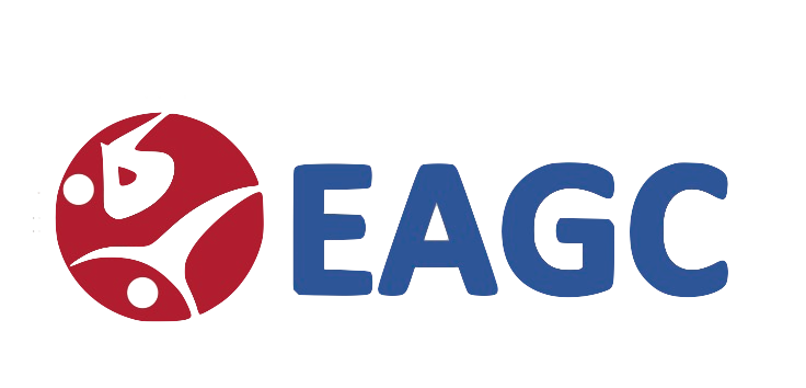 The logo for eagc is a red and blue circle with a person in it.