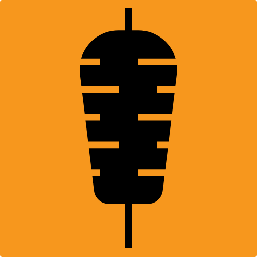 Een silhouet van een kebab op een stokje op een oranje achtergrond.