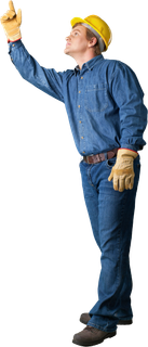 A man wearing a hard hat and gloves is pointing up.