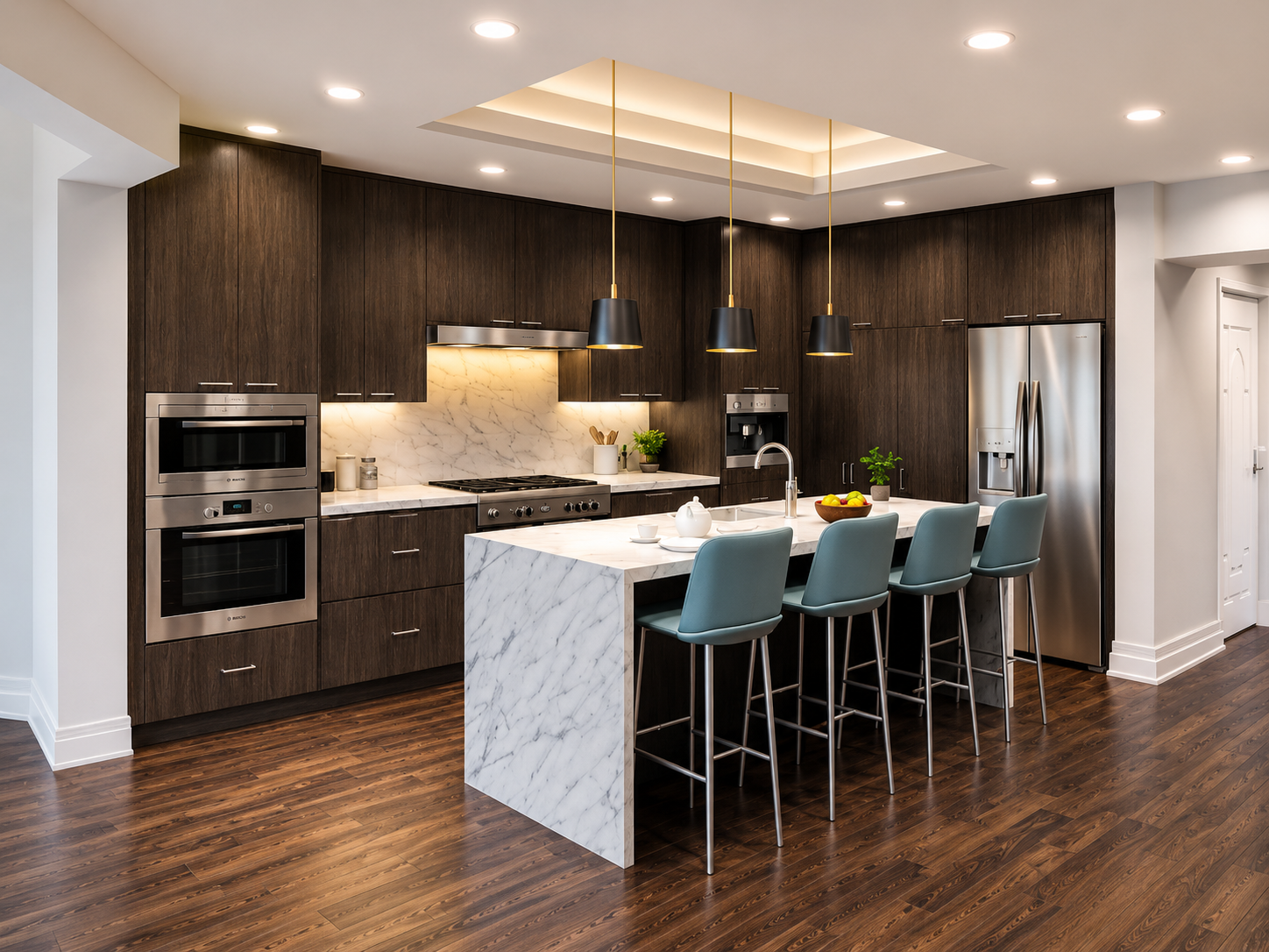Modern kitchen with dark wood cabinets, marble island, and teal bar stools on a hardwood floor.