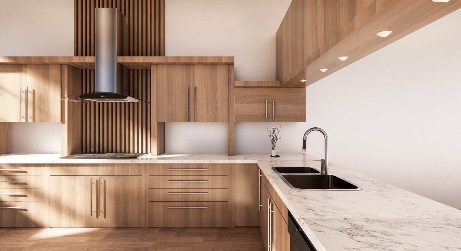 Modern minimalist kitchen with wood cabinets, marble countertops, and stainless steel range hood