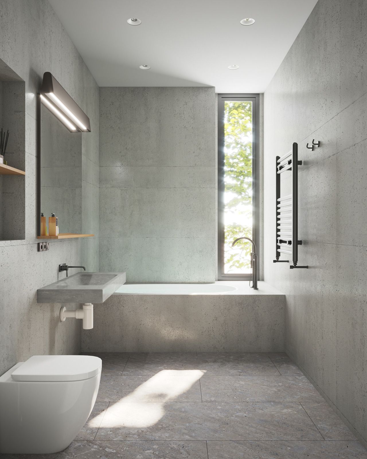 Modern gray accessible bathroom with wall-mounted sink, toilet, grab bars, and a walk-in shower.