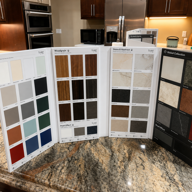 Tile and countertop samples displayed on a kitchen island in a showroom.