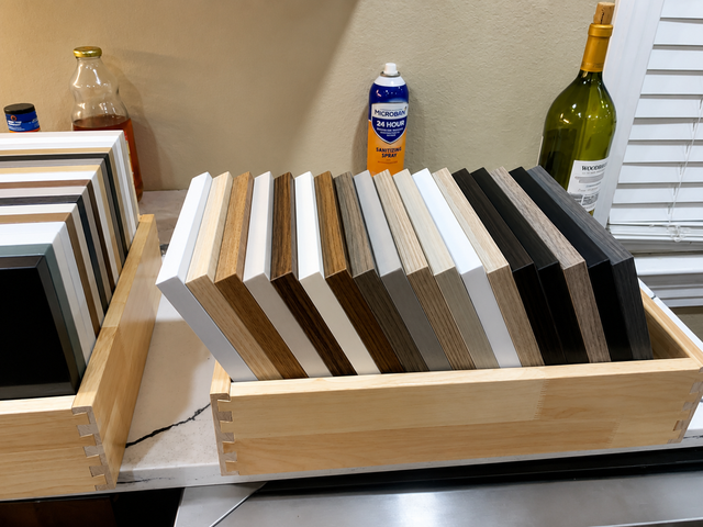 Stacked wooden panels in a crate on a tabletop, with bottles in the background.