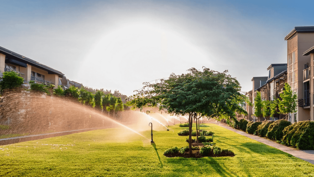 Sprinklers watering a green lawn between apartment buildings in bright sunlight