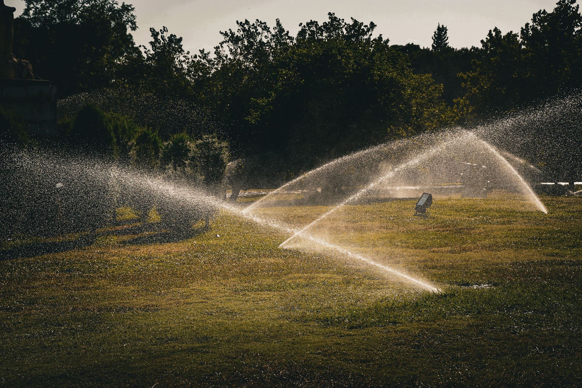 Lawn sprinkler spraying water across a grassy field with trees in the background