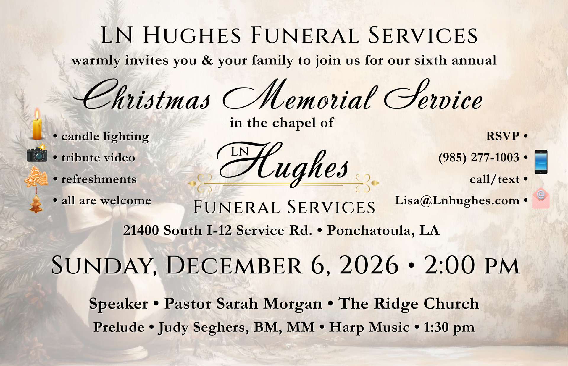 Christmas memorial service announcement: Hughes Funeral Services, December 6, 2026