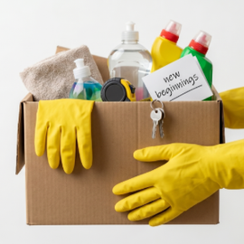 Yellow-gloved hands holding a cardboard box filled with cleaning supplies and rags