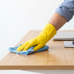 Person in yellow gloves wiping a wooden desk with a blue cloth near a phone and coffee mug