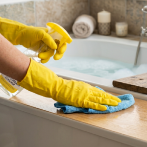 Hands in yellow gloves wiping a bathroom counter beside folded towels and cleaning supplies.