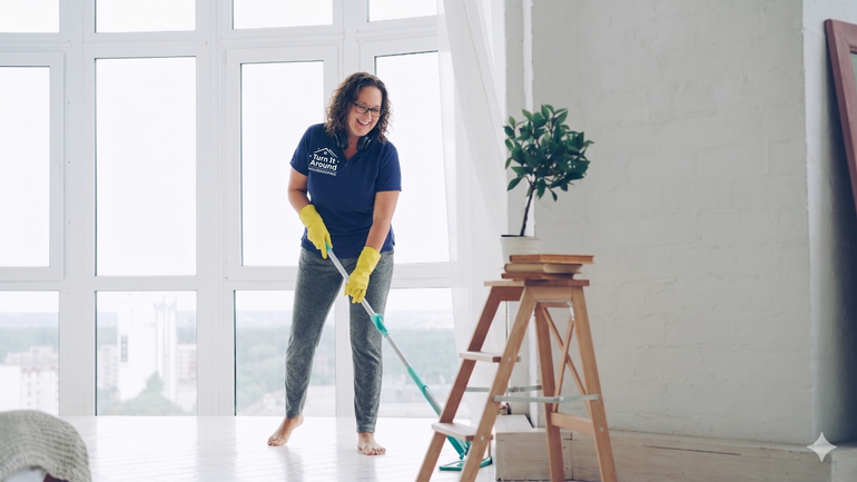 Person mopping a bright room with large windows, a small ladder, and a potted plant nearby.