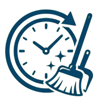 Clock with broom and sparkles, suggesting cleaning or maintenance time