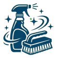 Blue cleaning spray bottle and scrub brush with sparkles, suggesting household cleaning.