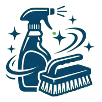 Blue cleaning spray bottle and scrub brush with sparkles, suggesting household cleaning.