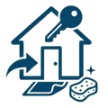 House icon with key and arrow, plus cleaning sponge and sparkles, suggesting home access or cleaning