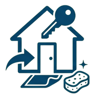 House icon with key and arrow, plus cleaning sponge and sparkles, suggesting home access or cleaning