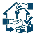 House outline with hands passing a key, a checkmark, and a package, suggesting home access or delivery service