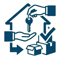 House outline with hands passing a key, a checkmark, and a package, suggesting home access or delivery service