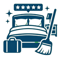 Blue hotel bed with stars, suitcase, and broom icon suggesting housekeeping or room cleaning.
