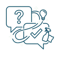 Speech bubbles with question mark, check mark, lightbulb, and spray bottle in blue line art