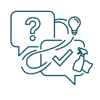 Speech bubbles with question mark, check mark, lightbulb, and spray bottle in blue line art