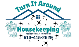 Turn It Around Housekeeping logo with teal house, stars, and phone number 513-415-2529