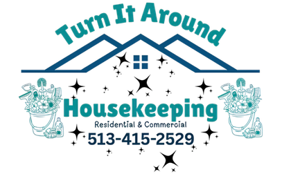 Turn It Around Housekeeping logo with teal house, stars, and phone number 513-415-2529