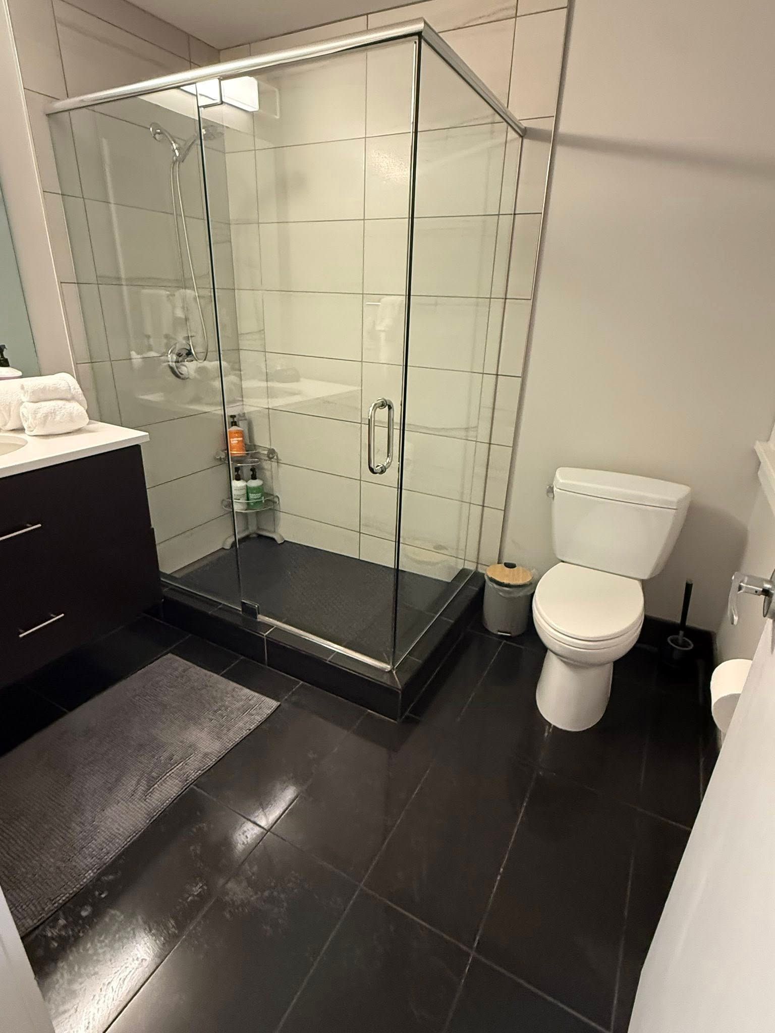 Modern bathroom with glass shower enclosure, toilet, and black tile floor