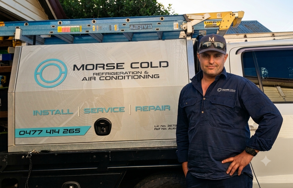 Worker standing beside a van with a ladder on top and a Morse Cold Air Conditioning logo